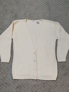 Talbots Butter Yellow Ribbed Button Front Cardigan Pockets Vintage 90s Small
